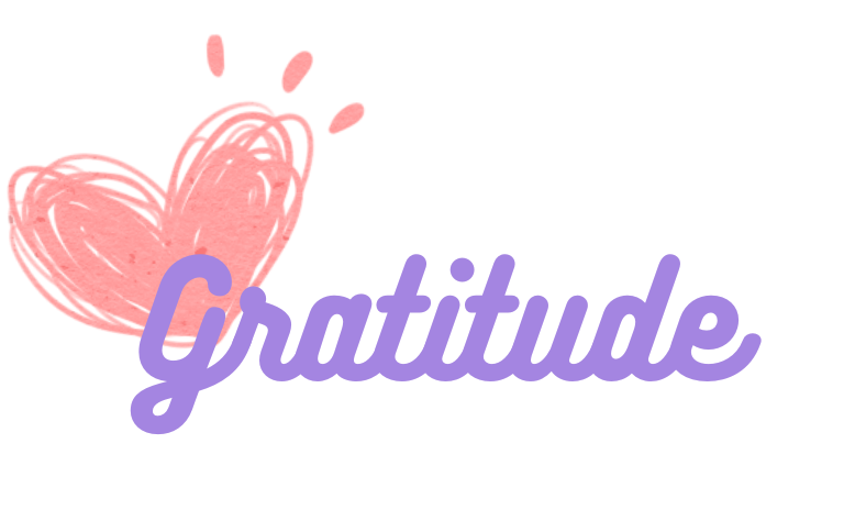 Gratitude written in purple colour and cursive font with pink heart in the top left corner. 