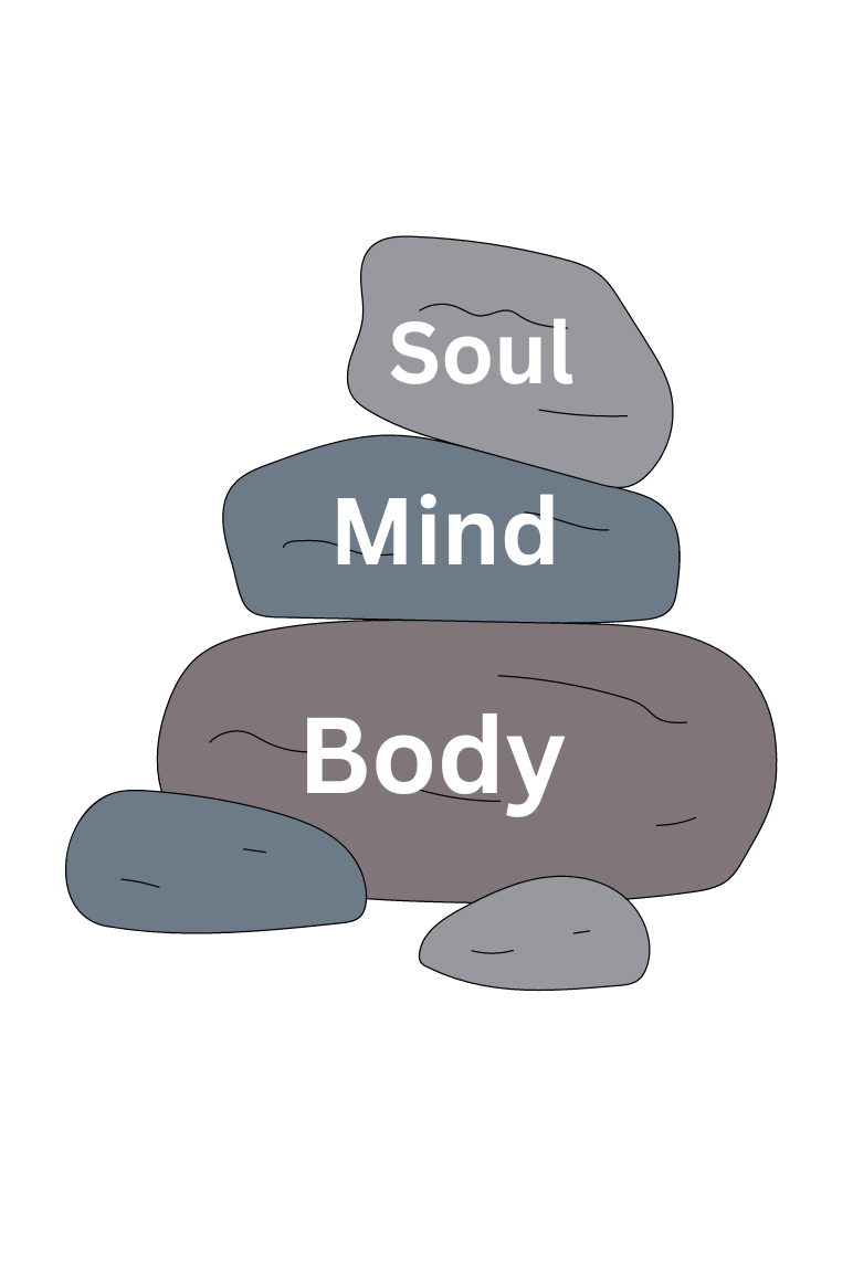 stacked rocks that say body, mind, and soul 