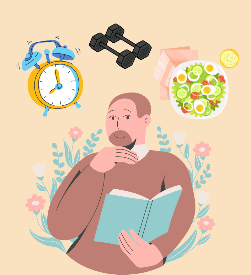 Animated white man with a book in his hand and thinking about starting better habits such as waking up early shown with alarm clock, working out shown with dumbells, and eating healthy shown with a salad. 