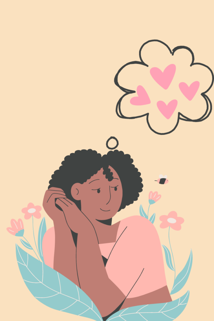 Animated black woman desiring to embark on a self-love journey as shown with a thought bubble with pink hearts. 