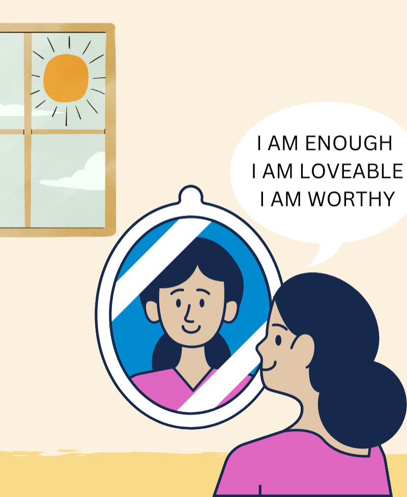 Animated girl standing in front of a mirror saying affirmations such as "I am enough", "I am loveable", and "I am worthy."