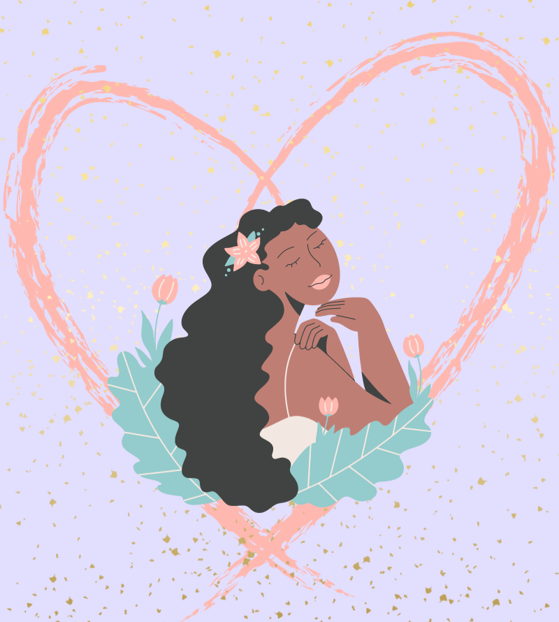 Animated black woman smiling surrounded by a large pink heart and gold glitter demonstrating her most authentic self. 