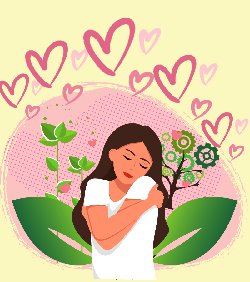 Animated woman hugging herself with pink and red hearts around her showing self-acceptance. 