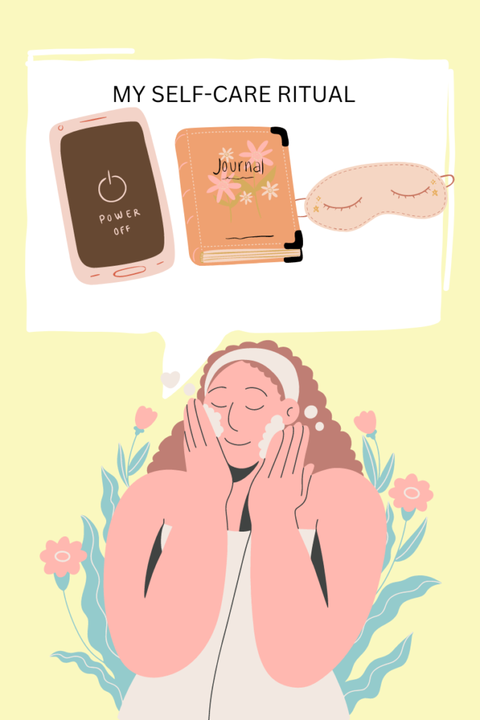 Animated white woman rubbing her cheeks with face wash thinking about her self-care ritual which is shown with a thought bubble with a phone powered off, a journal, and an eye mask for sleep. 