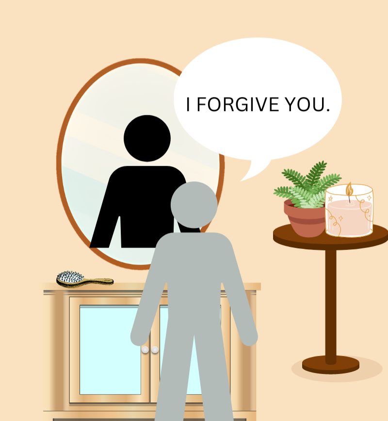 Animated figure standing in front of mirror saying to self "I forgive you." 